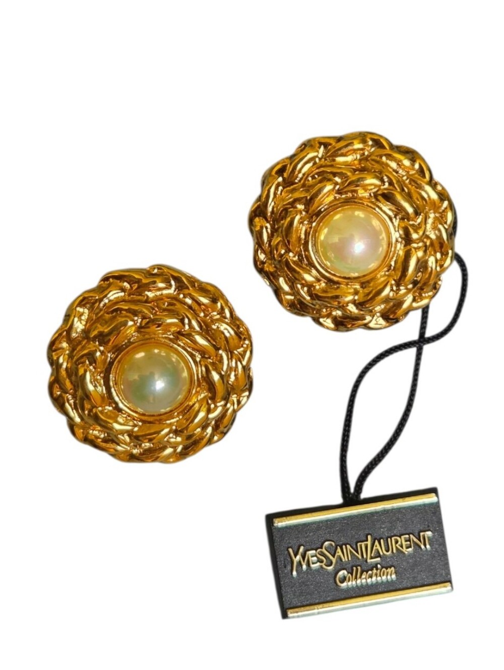 YVES SAINT LAURENT Vintage Faux Pearl Woven Gold Tone Clip-On Earrings